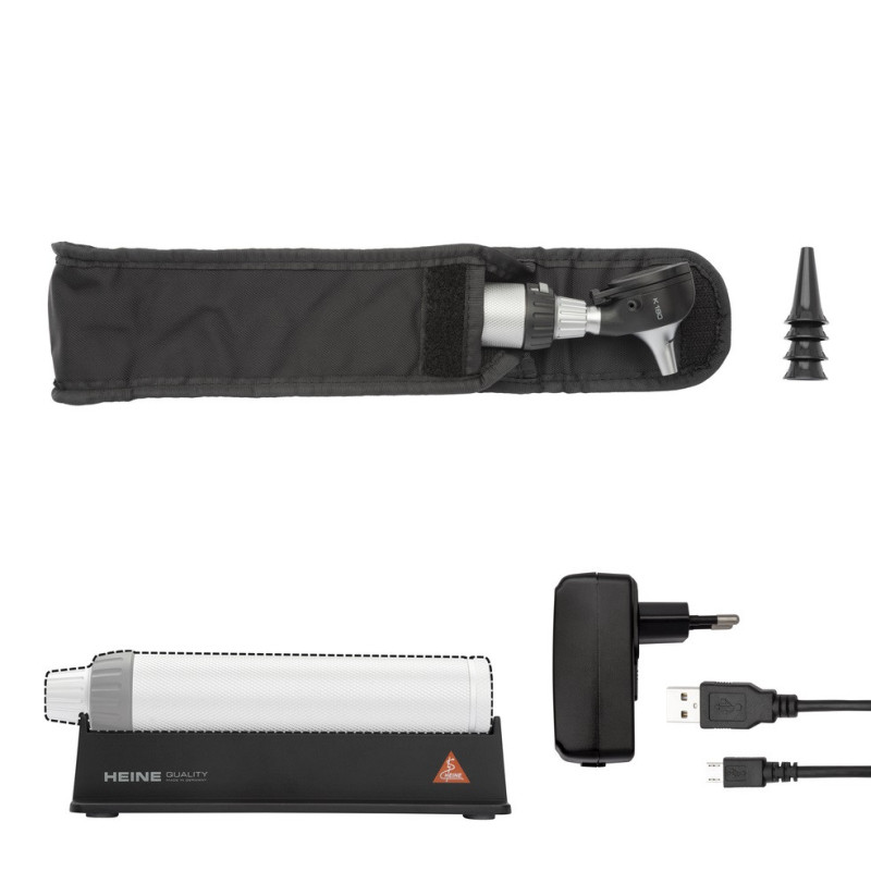 Set otoscopio Heine K 180® F.O. 3,5V - manico ricaricabile BETA 4 USB - cavo USB e alimentazione elettrica