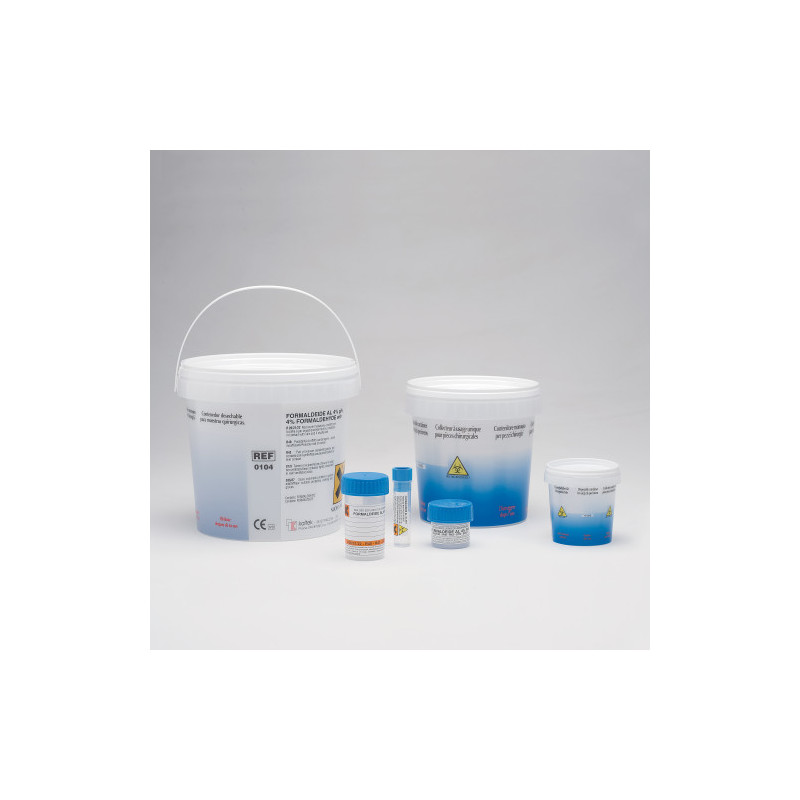 Contenitore con serigrafia tappo a pressione provvisto di chiusura di sicurezza con formaldeide al 4% capacità 250 ml conf.60 p Contenitore con serigrafia tappo a pressione provvisto di chiusura di sicurezza con formaldeide al 4% capacità 250 ml conf.60 p