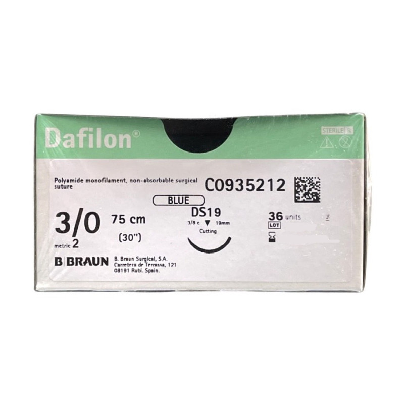 Dafilon suture non assorbibili in nylon, ago 3/8 19mm, USP 3/0 - filo blu 75cm - conf.36 Dafilon suture non assorbibili in nylon, ago 3/8 19mm, USP 3/0 - filo blu 75cm - conf.36