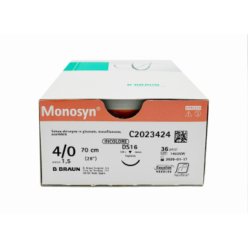 Monosyn suture assorbibili in gliconato, ago 3/8 16mm, USP 4/0 - filo incolore 70cm - conf.36