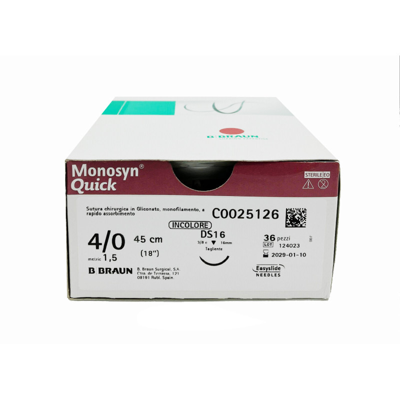 Monosyn Quick suture assorbibili in gliconato, ago 3/8 19mm, USP 3/0 - filo incolore 70cm - conf.36 Monosyn Quick suture assorbibili in gliconato, ago 3/8 19mm, USP 3/0 - filo incolore 70cm - conf.36