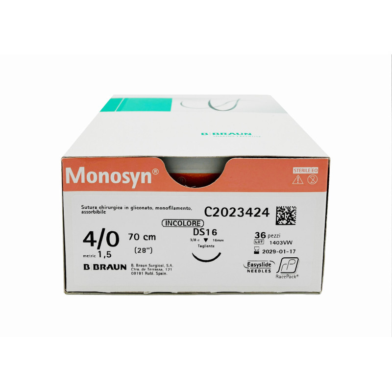 Monosyn suture assorbibili in gliconato, ago 1/2 17mm, USP 4/0 - filo viola 70cm - conf.36 Monosyn suture assorbibili in gliconato, ago 1/2 17mm, USP 4/0 - filo viola 70cm - conf.36