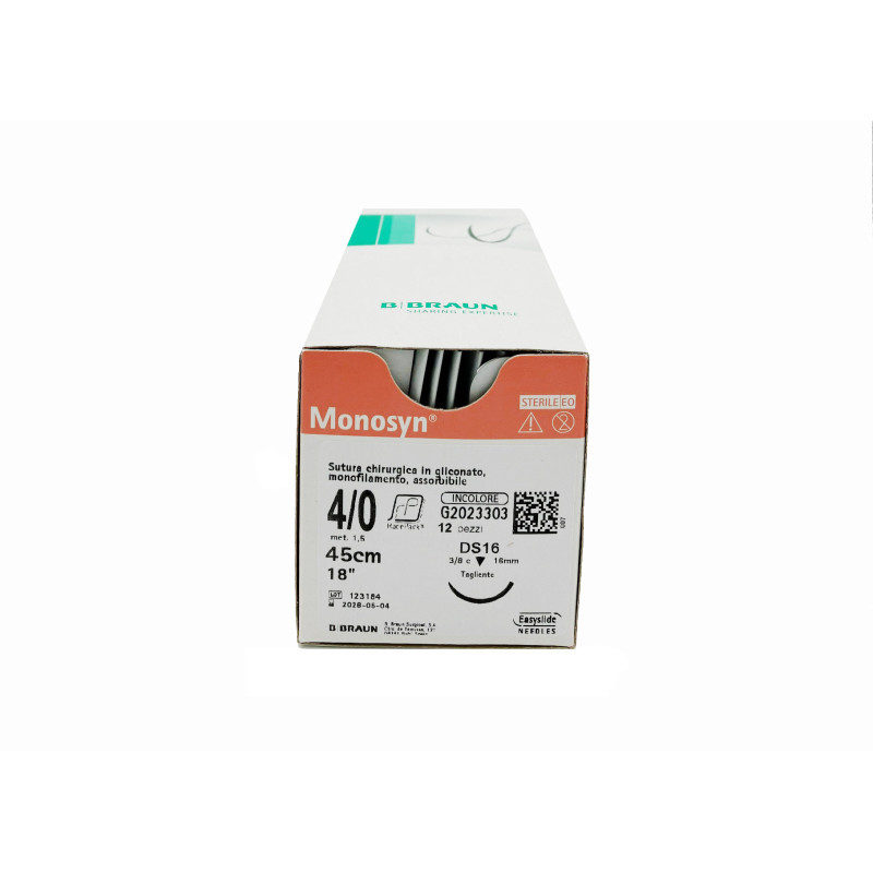 Monosyn suture assorbibili in gliconato, ago 3/8 19mm, USP 4/0 - filo viola 70cm - conf.12 Monosyn suture assorbibili in gliconato, ago 3/8 19mm, USP 4/0 - filo viola 70cm - conf.12