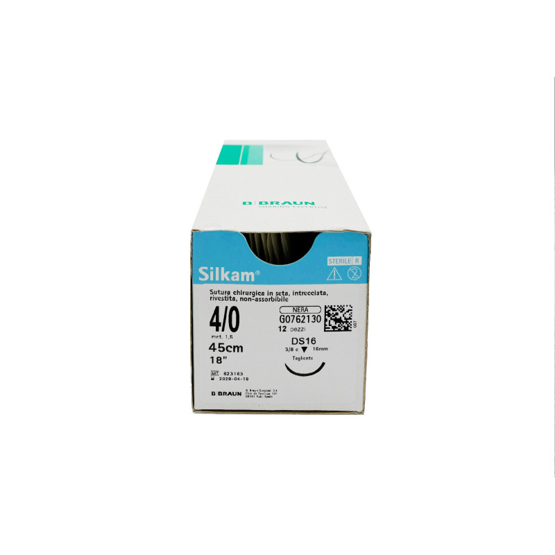 Silkam suture non assorbibili in seta, ago 1/2 17mm, USP 4/0 - filo nero 75cm - conf.12 Silkam suture non assorbibili in seta, ago 1/2 17mm, USP 4/0 - filo nero 75cm - conf.12