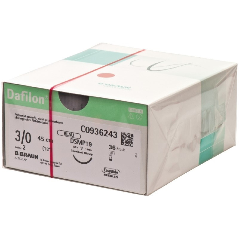 Dafilon suture non assorbibili in nylon, ago 3/8 di precisione 19mm, USP 3/0 - filo blu 45cm - conf.36 Dafilon suture non assorbibili in nylon, ago 3/8 di precisione 19mm, USP 3/0 - filo blu 45cm - conf.36