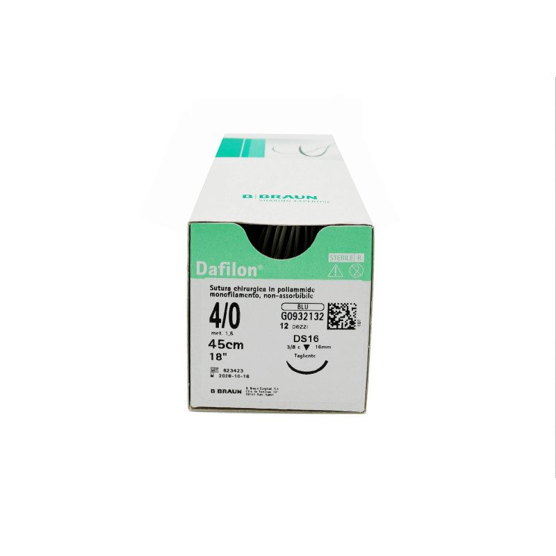 Dafilon suture non assorbibili in nylon, ago 3/8 19mm, USP 4/0 - filo blu 45cm - conf.12 pz. Dafilon suture non assorbibili in nylon, ago 3/8 19mm, USP 4/0 - filo blu 45cm - conf.12 pz.