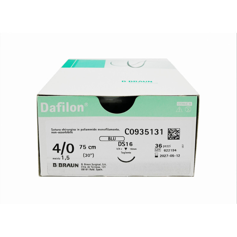 Dafilon suture non assorbibili in nylon, ago 3/8 24mm, USP 3/0 - filo blu 45cm - conf.36 pz. Dafilon suture non assorbibili in nylon, ago 3/8 24mm, USP 3/0 - filo blu 45cm - conf.36 pz.