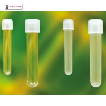 Provetta 12x75 cilindrica sterile in polistirolo con tappo a doppia chiusura.Trasparente - Conf. 1000 pz.