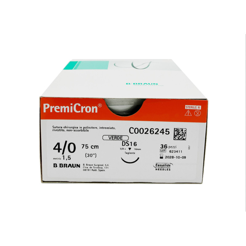 Premicron suture non assorbibili in poliestere tereftalato, ago 3/8 16mm, USP 4/0 - filo verde 45cm - conf.36 pz. Premicron suture non assorbibili in poliestere tereftalato, ago 3/8 16mm, USP 4/0 - filo verde 45cm - conf.36 pz.