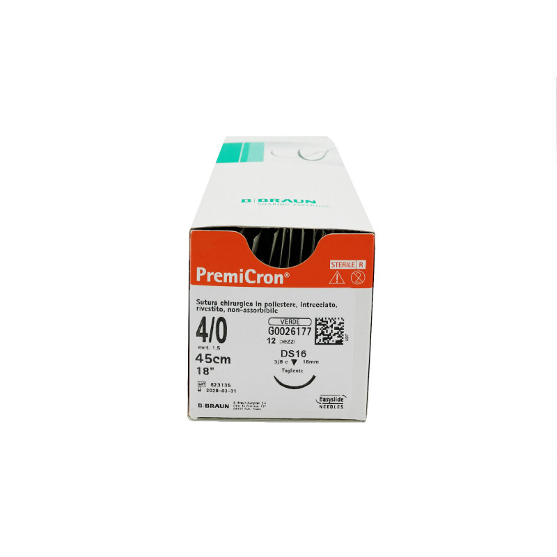 Premicron suture non assorbibili in poliestere tereftalato, ago 3/8 16mm, USP 4/0 - filo verde 75cm - conf.12 pz. Premicron suture non assorbibili in poliestere tereftalato, ago 3/8 16mm, USP 4/0 - filo verde 75cm - conf.12 pz.