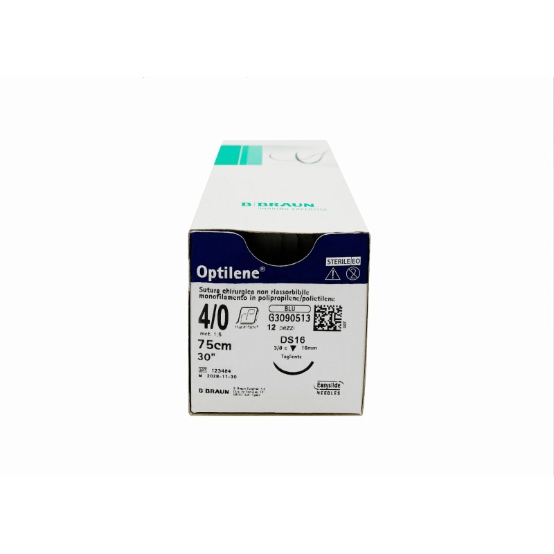 Optilene suture non assorbibili in polipropilene, ago 3/8 cilindrico con micropunta 6mm, USP 9/0 - filo blu 15 cm - conf.36 pz. Optilene suture non assorbibili in polipropilene, ago 3/8 cilindrico con micropunta 6mm, USP 9/0 - filo blu 15 cm - conf.36 pz.