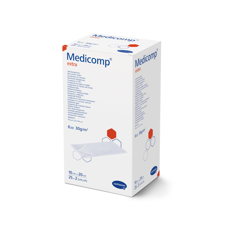 Medicomp Extra 6 strati - Compresse in TNT sterili - cm 10x20 - conf.50 pz (25 buste da 2 pz.) Medicomp Extra 6 strati - Compresse in TNT sterili - cm 10x20 - conf.50 pz (25 buste da 2 pz.)