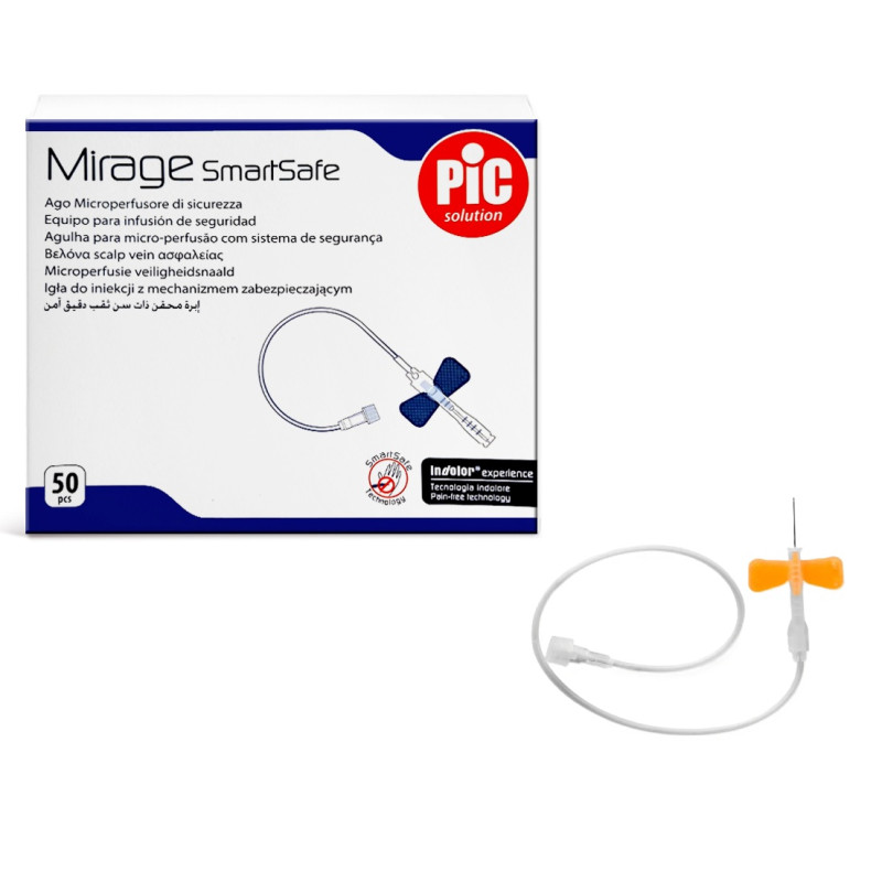 Aghi microperfusori con sistema di sicurezza Mirage SmartSafe G25 - 0,50 x 20 mm - conf.50 pz. Aghi microperfusori con sistema di sicurezza Mirage SmartSafe G25 - 0,50 x 20 mm - conf.50 pz.