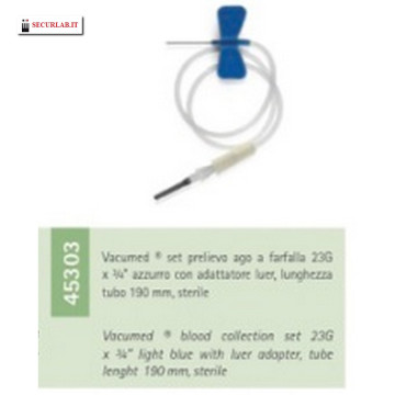 Set per prelievo di sangue 23G x ¾ "azzurro con ago adattatore luer, lunghezza tubo 190 mm, sterile CF/50