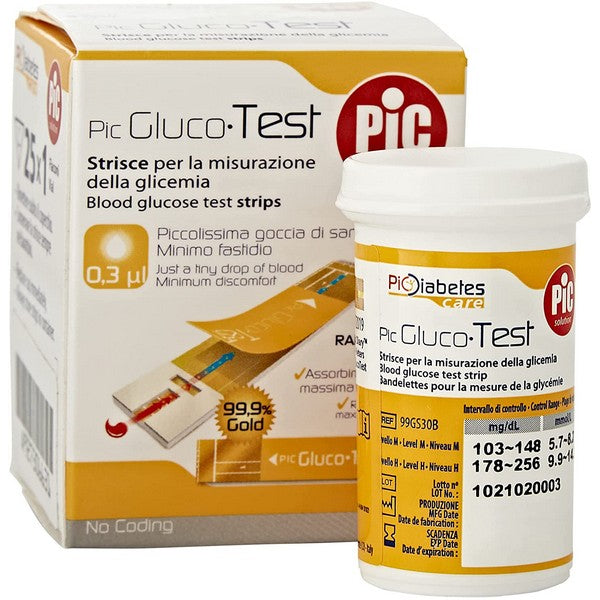 Bandelettes Pic Solution GlucoTest pour la mesure de la glycémie - 25 pièces