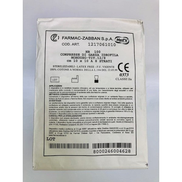 Compressa di garza 10x10 a 8 strati senza filo di bario sterilizzabili - Conf.100 pz.