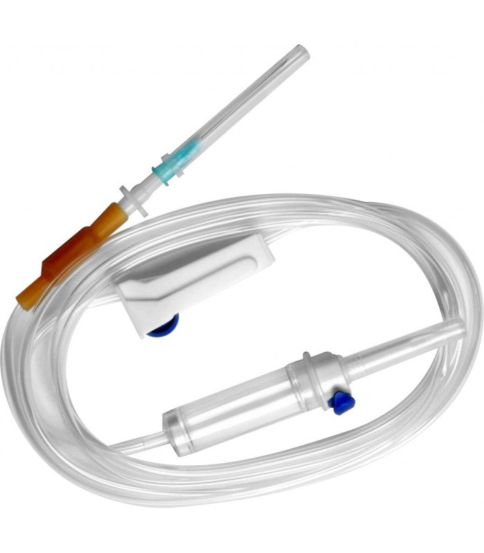 Universeller Infusionssatz mit Roller + Nadel - Packung mit 25 Stück.
