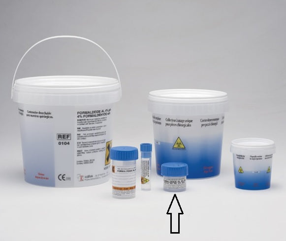 Contenitori con etichetta tappo a vite monouso, a tenuta, preriempiti con formaldeide tamponata al 4% capacità 60 ml - conf.50 pz