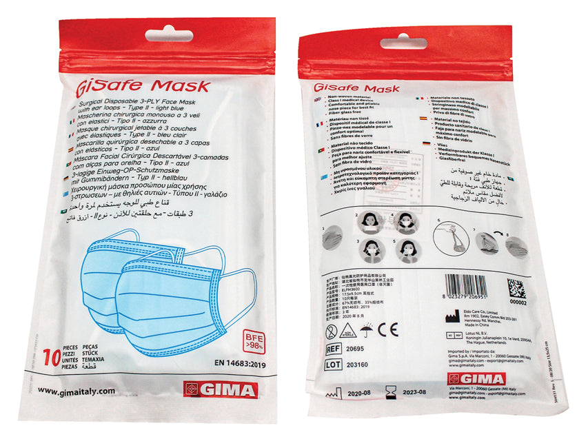 Mascherine chirurgiche filtranti 98% 3 veli tipo II con elastici - adulti - azzurre - Conf.10 pz.