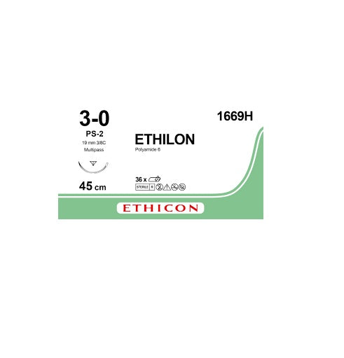 Ethicon Ethilon™ non-absorbable sutures in nylon, 3/8 needle 19 mm, USP 3/0 - black - pack of 36 pcs.