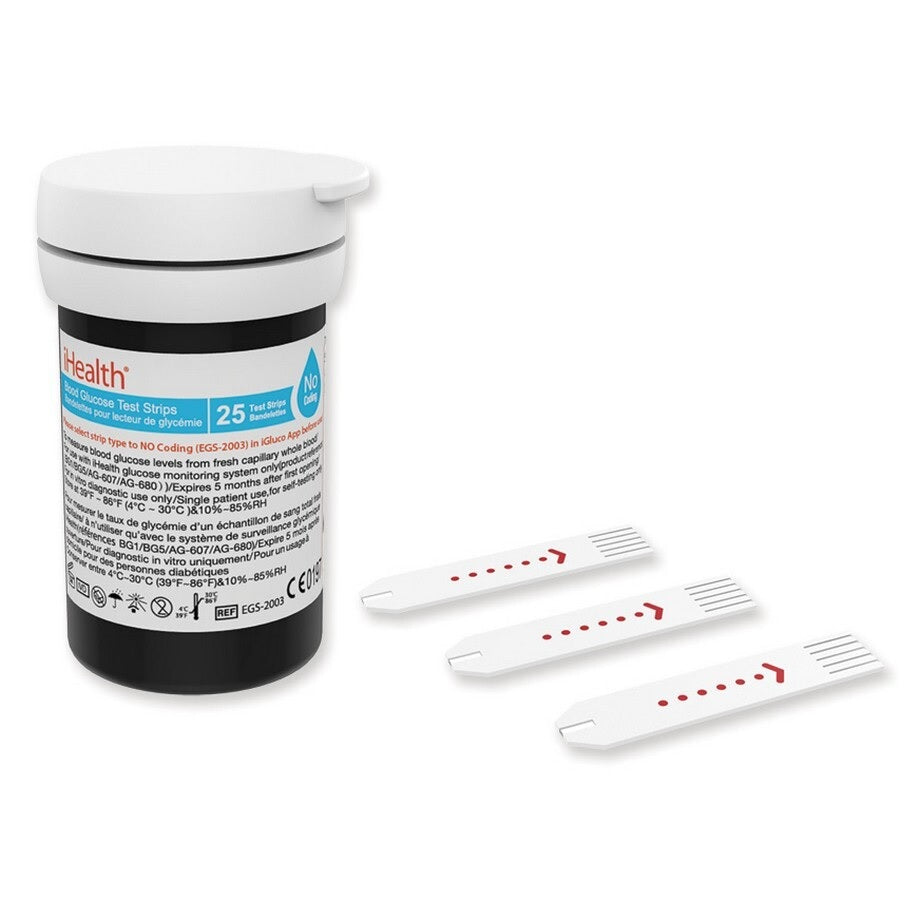 Bandelettes de glycémie iHEALTH pour 23510 et 23514 - boîte de 25 pces.