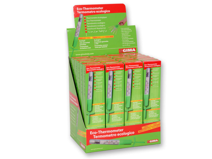 Display con 24 ecologici termometri Gima con sistema di scarico rapido