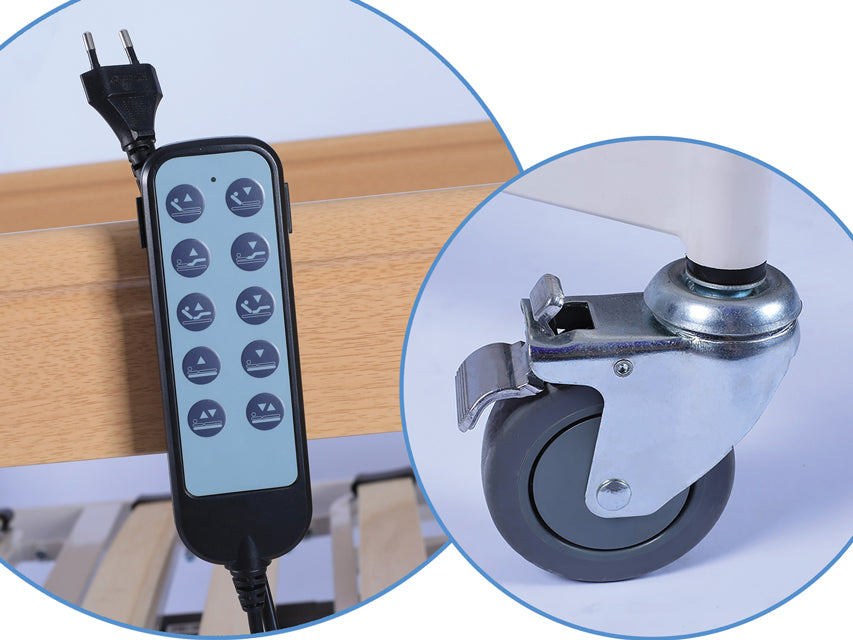 Electric 3-joint hospital bed
with variable height - on wheels