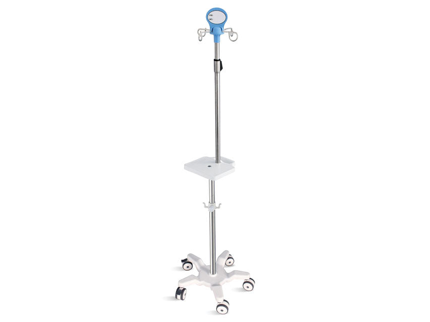 Piantana per Pompe Infusionali a 5 ruote con manico e ripiano - acciaio inox - 4 ganci