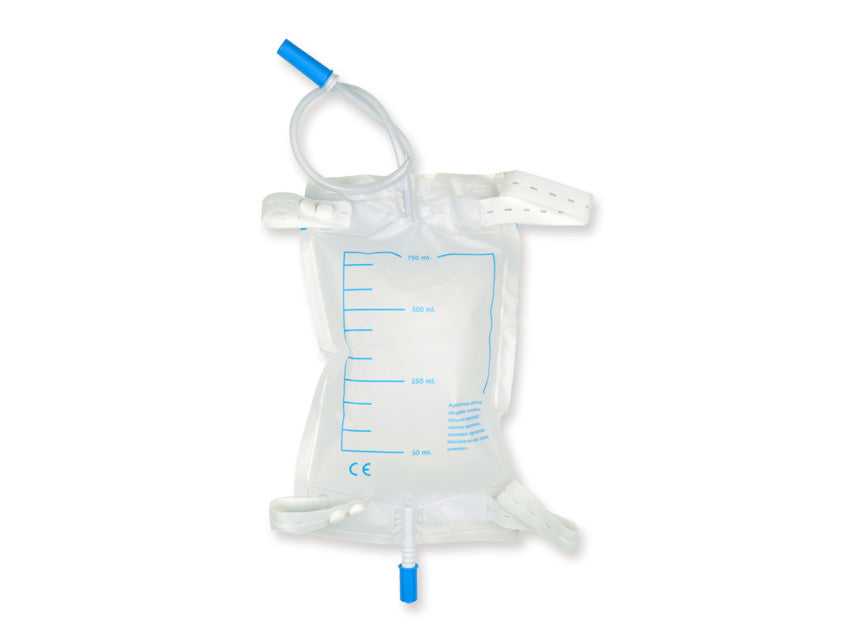 Sacca urine da gamba 750 cc - tubo 35 cm con kit bottoni - Conf.30 pz.