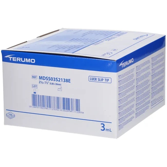 Siringhe Terumo da 3 ml cono luer centrale con ago montato 21Gx1/2" - 0,8 x 38 mm - conf.100 pz.