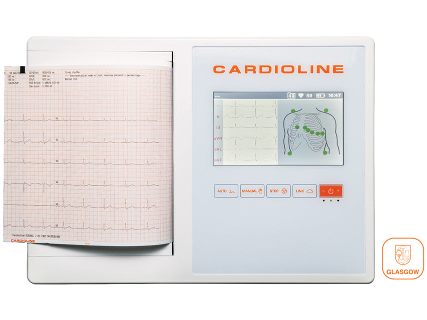 Cardioline ECG 200L GLASGOW - schermo a colori touch da 7" - 12 derivazioni e 3/6/12 canali