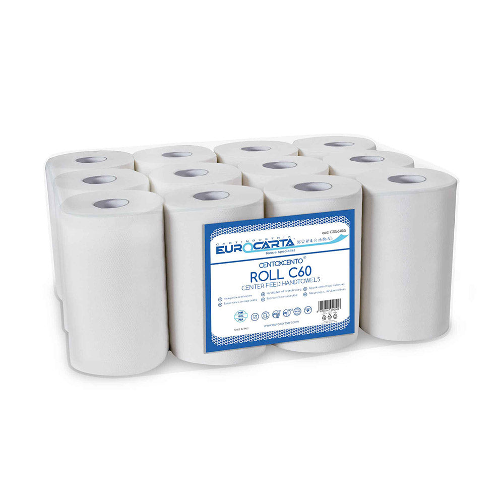 Rotoli Asciugamani in carta da 60 metri - doppio velo pura ovatta cellulosa - Conf.12 rotoli