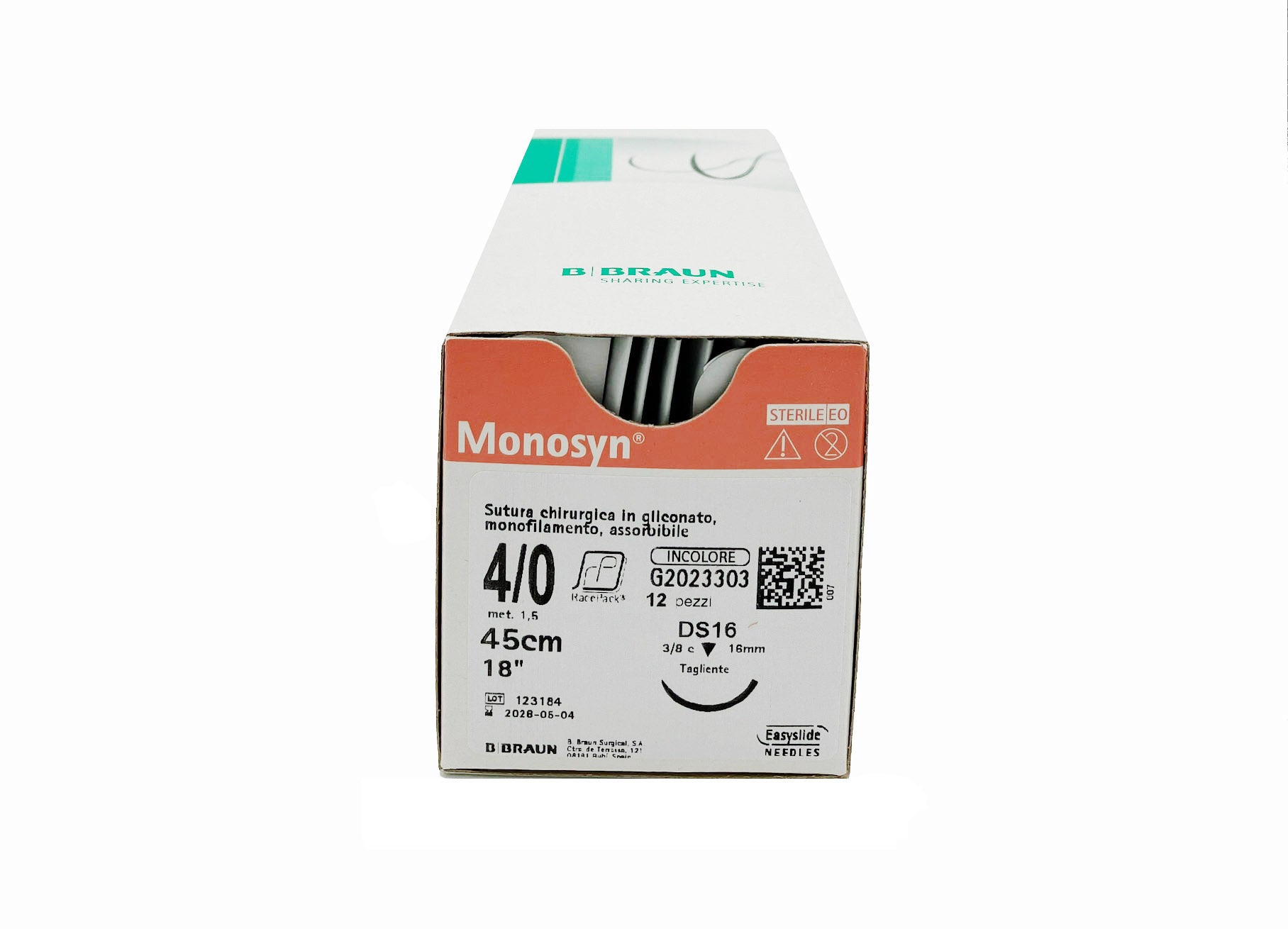 Monosyn suture assorbibili in gliconato, ago 3/8 12mm, USP 6/0 - filo incolore 70cm - conf.12