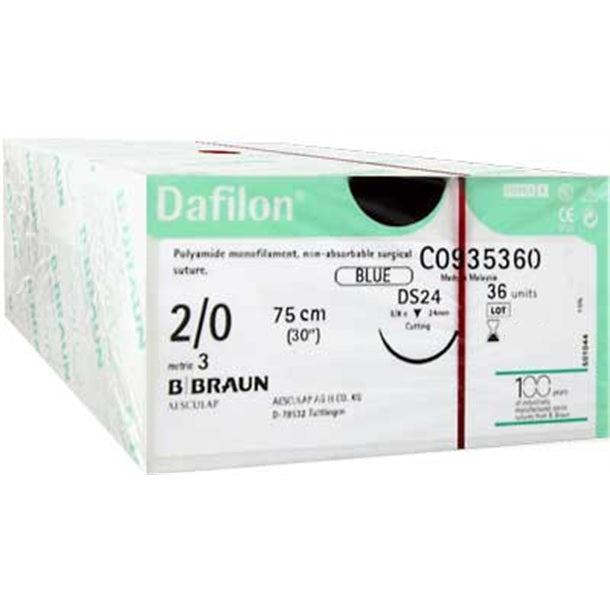 Dafilon suture non assorbibili in nylon, ago 3/8 24mm, USP 2/0 - filo blu 75cm - conf.36