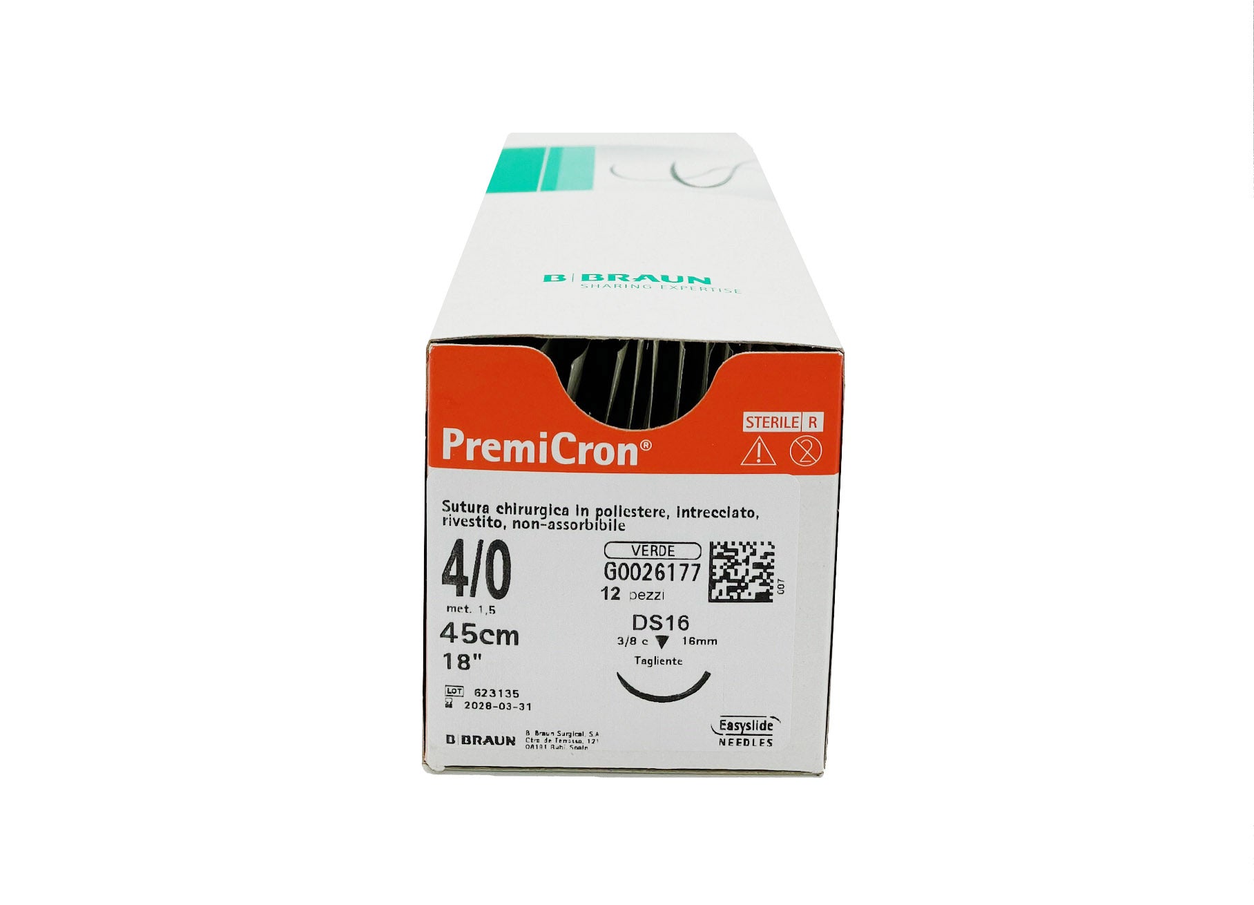 Premicron suture non assorbibili in poliestere tereftalato, ago 3/8 16mm, USP 4/0 - filo verde 45cm - conf.12