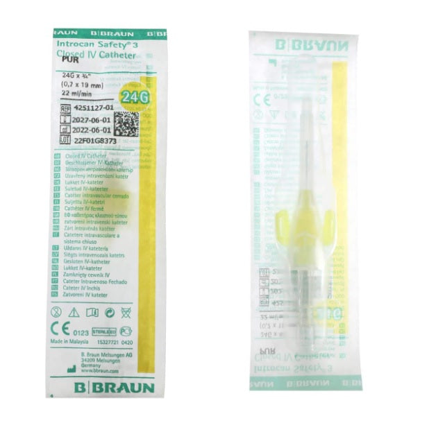 Kanülennadeln 1-fach B.Braun Introcan Safety 3 24Gx19mm Gelb, mit Flügeln, aus PUR - Packung 50 Stk.