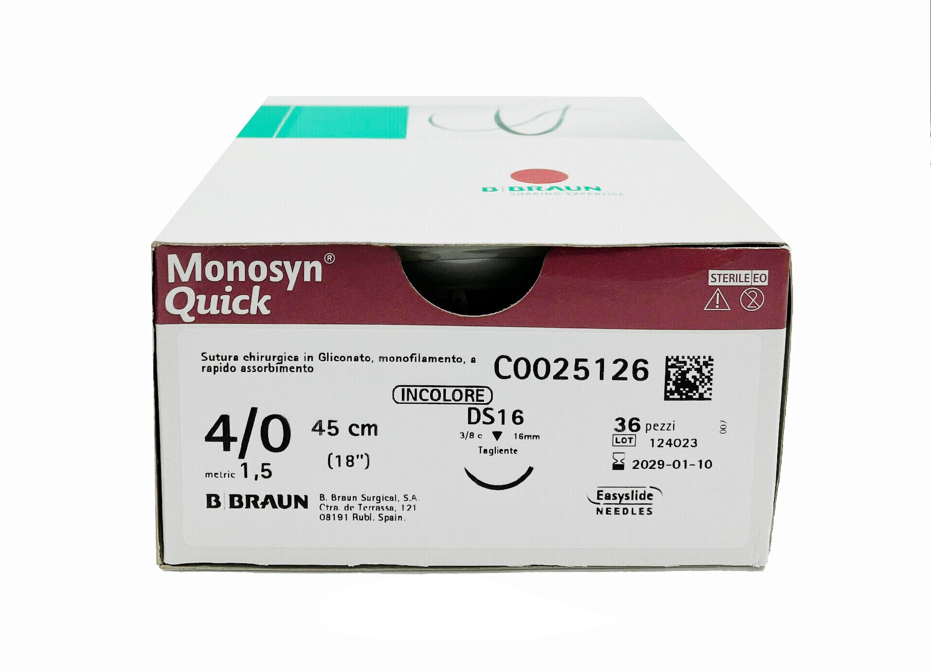 Monosyn Quick resorbierbare Nähte aus Glykonat, 1/2-Nadel 17 mm, USP 4/0 - farbloser Faden 70 cm - Packung mit 36 Stk.
