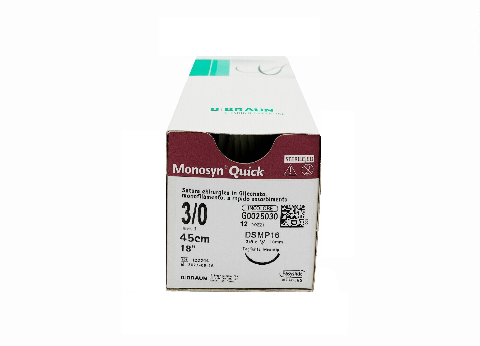 Monosyn Quick suture assorbibili in gliconato, ago 1/2 17mm, USP 4/0 - filo incolore 70cm - conf.12 pz.