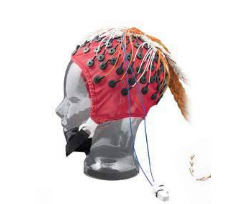 Cuffia per EEG precablata universale con 21 elettrodi cilindrici in Ag/AgCL, misura adulti L, circonferenza cranica 55 cm, colore rosso