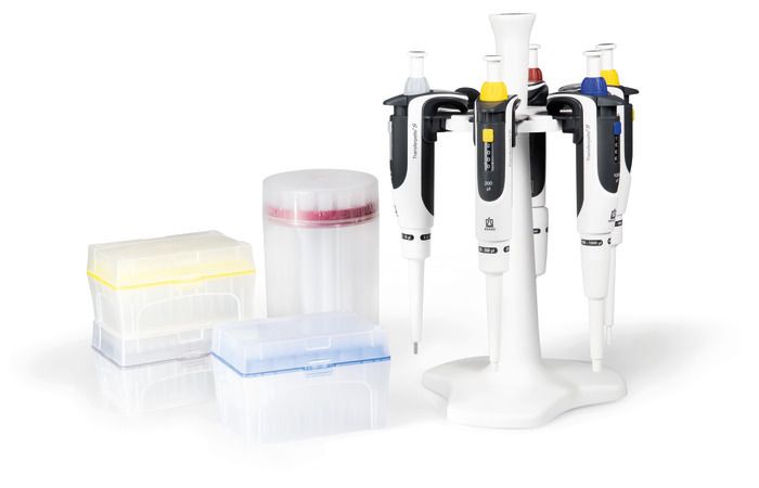 Transferpette® S Starter-Kit Midi: 3 pipette (2-20 µl, 20-200 µl, 100-1000 µl), 3 supporti per mensola Brand