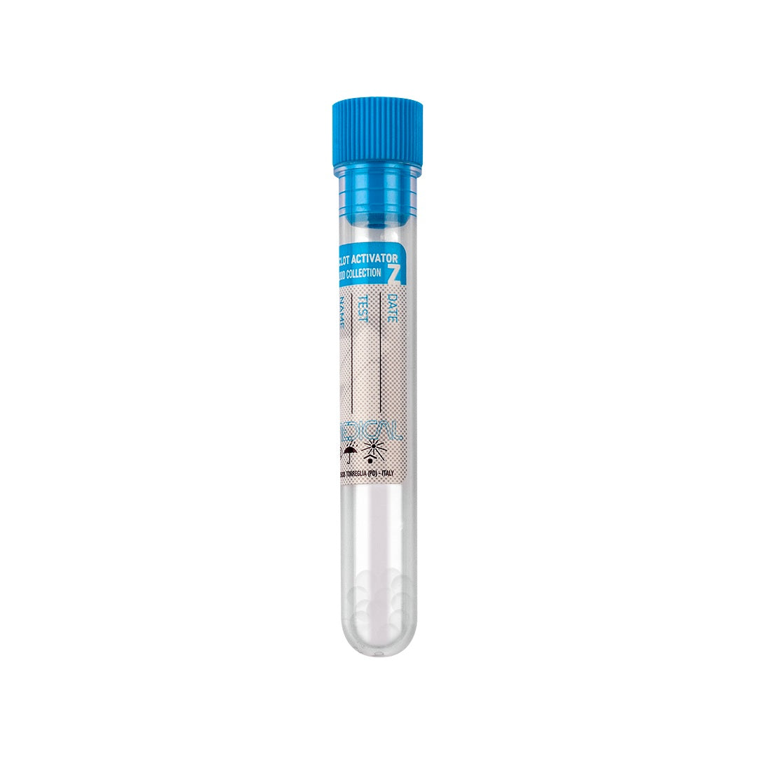 Provetta 12×86 mm in metacrilato con granuli separatori e acceleratore, tappo azzurro, con etichetta CF/1000