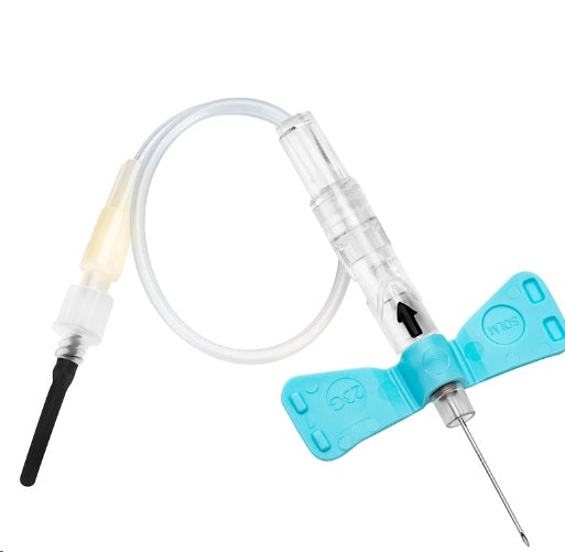 Set de extracción con aguja mariposa 23G x ¾" azul con dispositivo de seguridad, adaptador luer, longitud del tubo 178 mm, estéril env. 50 uds.
