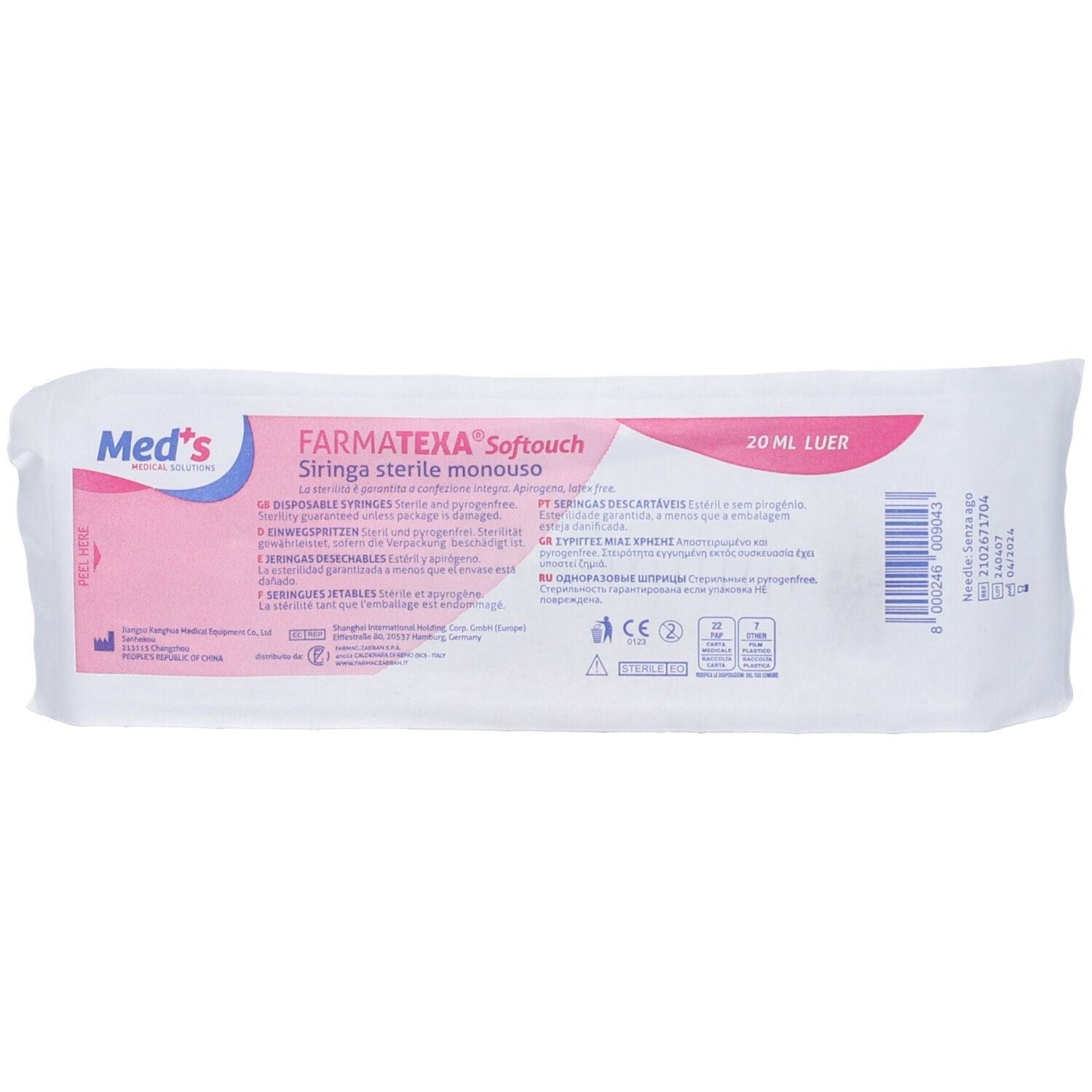 Siringhe FARMATEXA 20 ml senza ago - cono luer centrale - conf.50 pz.