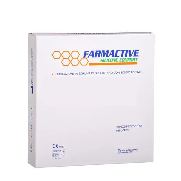 Medicazione in schiuma di poliuretano con silicone FARMACTIVE Confort Tallone - 12 cm × 20 cm con bordo - conf. 10 pz.
