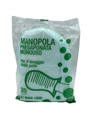 Manopole presaponate monouso in TNT con detergente neutro a secco per l'igiene del paziente - Conf. 20 pz.