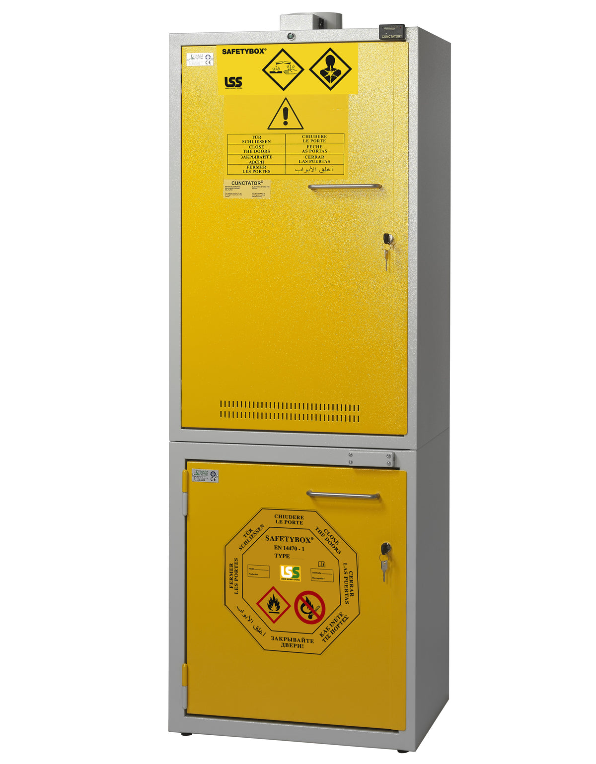 Armadio di sicurezza filtrato ed aspirato per lo stoccaggio combinato di prodotti chimici acidi basi e di liquidi e solidi infiammabili