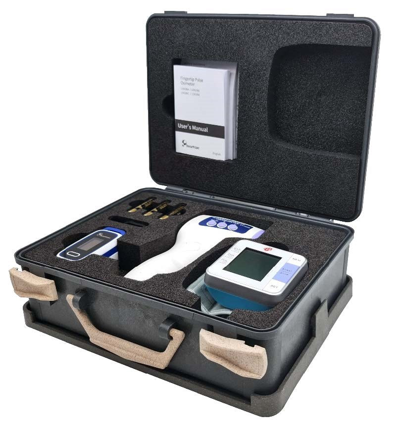 Kit diagnostico 1 pulsossimetro, 1 termometro no contact, 1 misuratore di pressione da
polso,