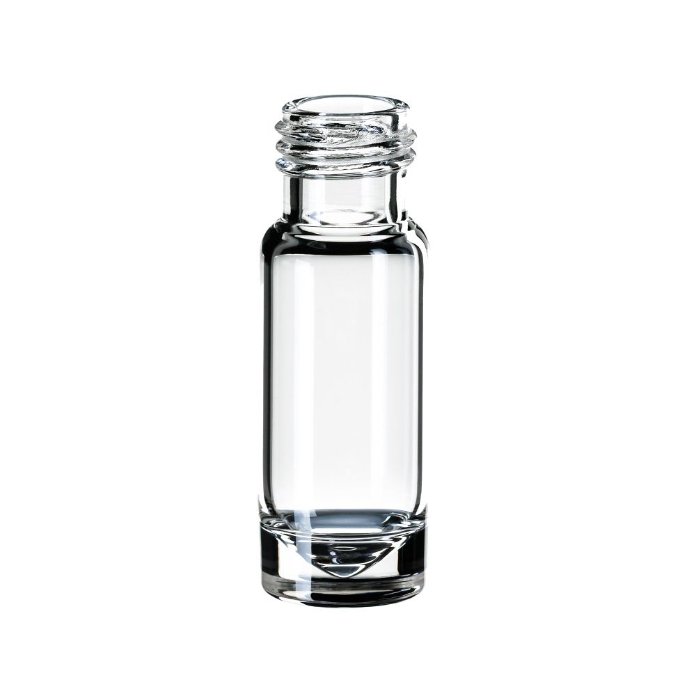 Vial 1,10 ml con imbuto 15 ul volume residuo, collo a vite ND9, apertura larga, dimensioni 32 x11,6 mm, vetro trasparente, fondo piatto cof. 100 pz