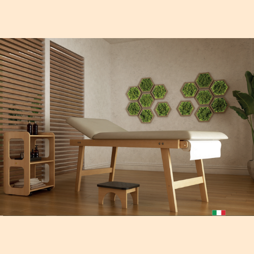 Lettino Medicale beige in legno massello con portarotolo