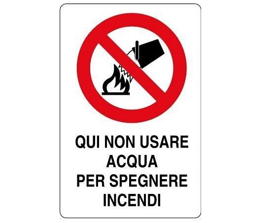 Cartello in alluminio QUI NON USARE ACQUA PER SPEGNERE INCENDI - 350x125 mm